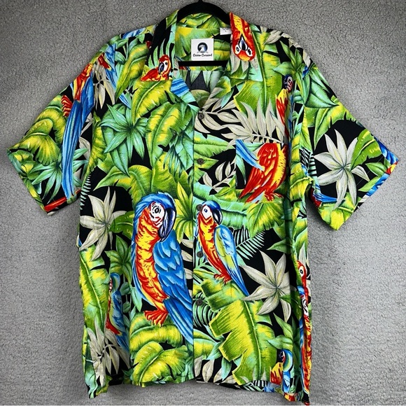 Ocean Current Shirt Mens Large Green Vintage Hawaiian Tropical Palm Tree Parrot - Picture 1 of 8